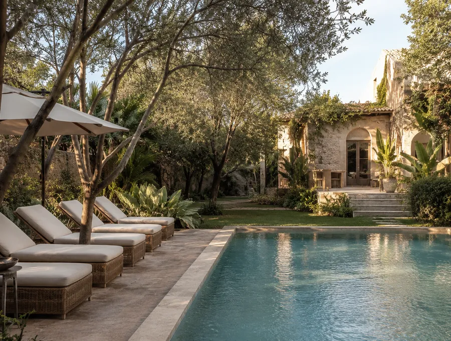 Jardín y piscina de alojamiento boutique en paisaje seco.