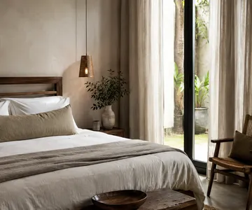 Habitación con ropa de cama de lino y luz cálida.