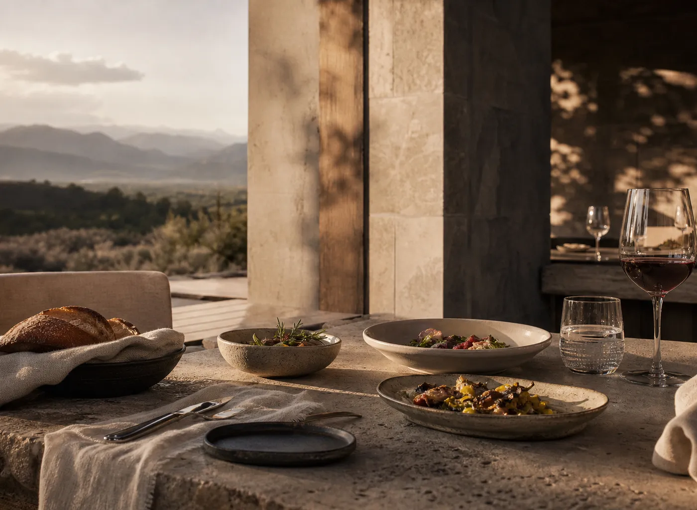 Mesa de restaurante de destino con platos y luz cálida.