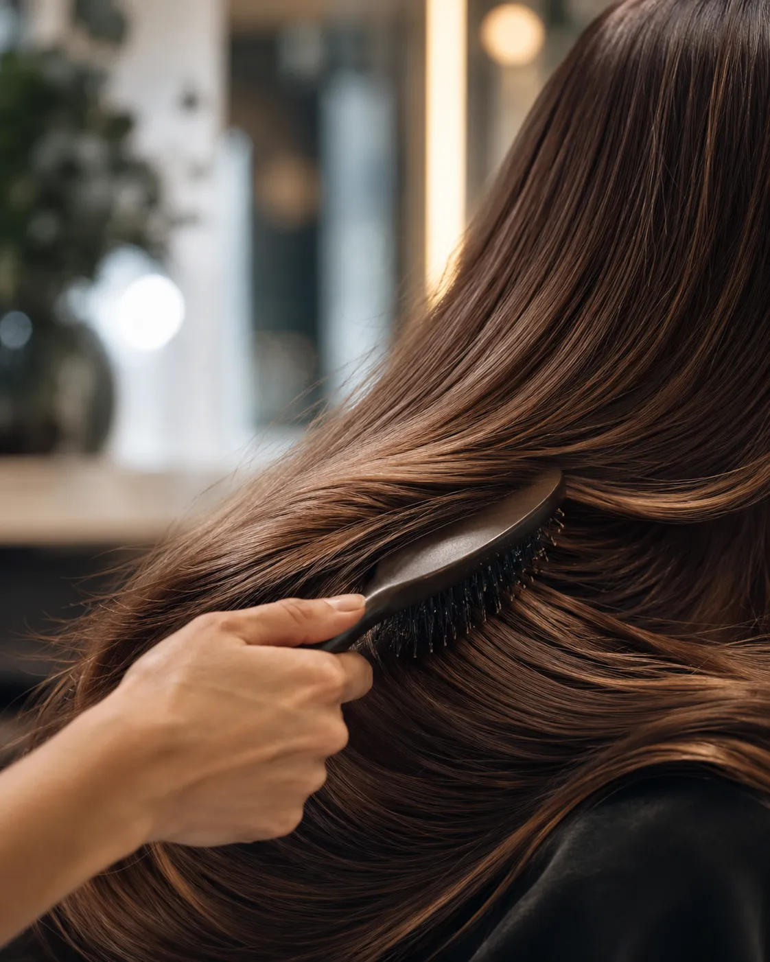 Textura de pelo y gesto de cuidado en estudio.