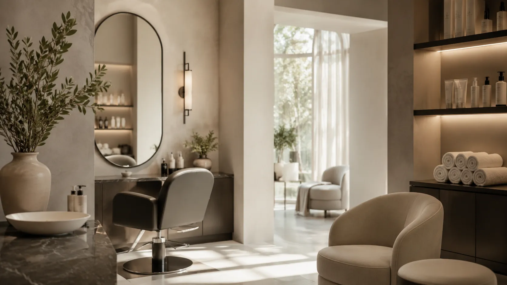 Estudio Luma con luz suave, espejo y materiales de belleza.