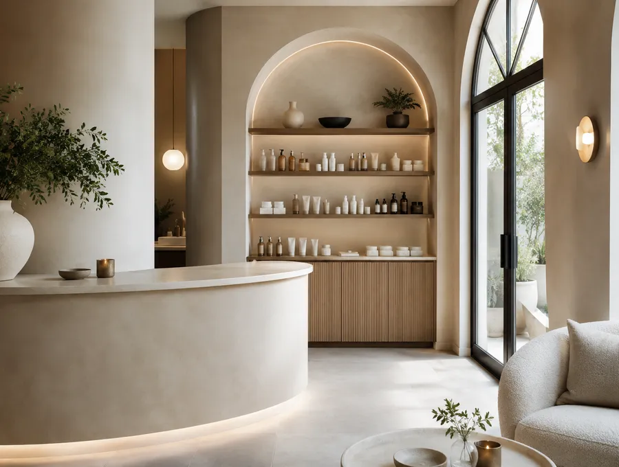 Recepción de estudio de belleza con materialidad clara.