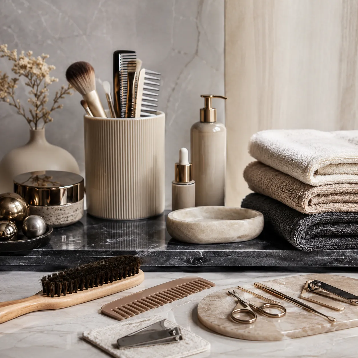 Herramientas y productos de belleza sobre una superficie clara.