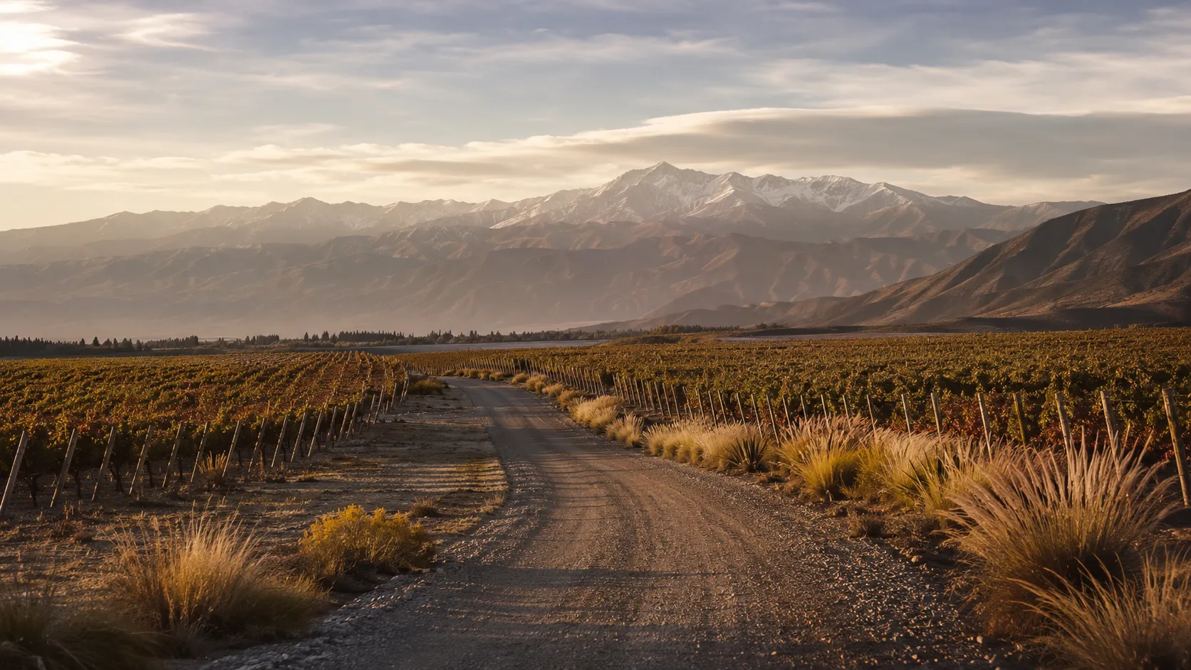 Ruta amplia en Valle de Uco con montañas y viñedos