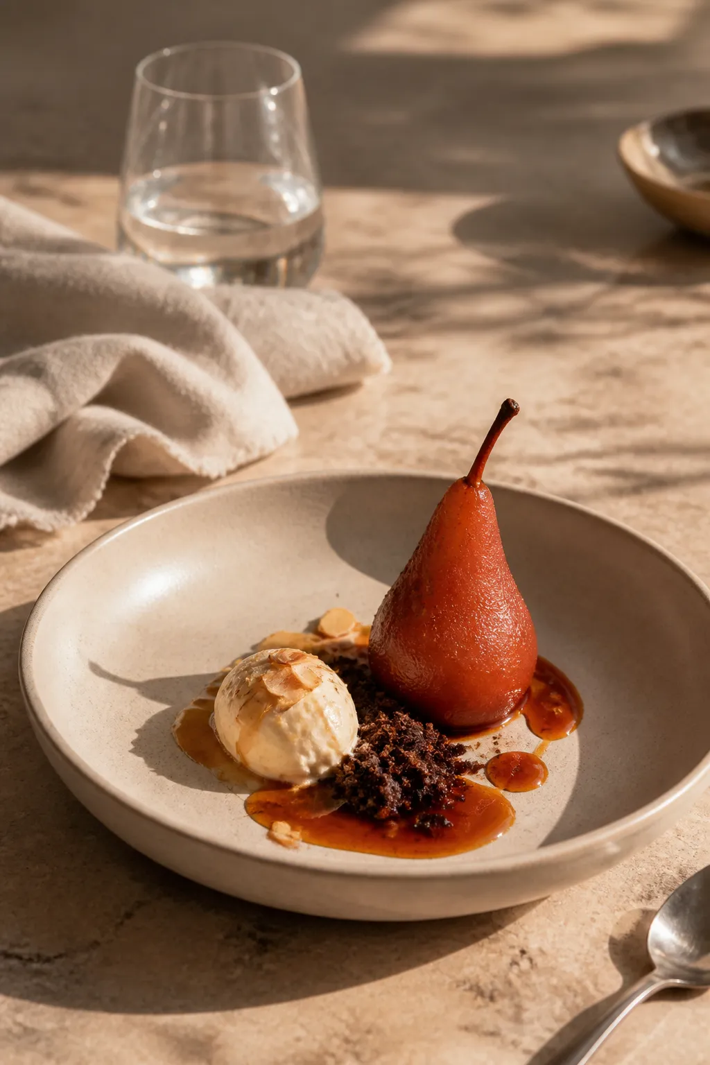 Postre de pera, almendra y cacao.