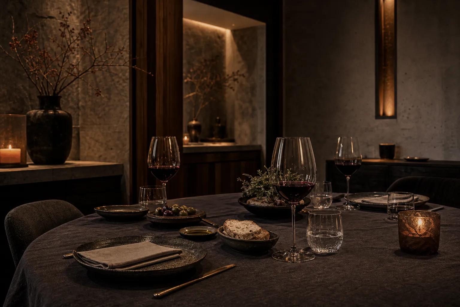 Mesa privada con vino, pan y luz de comedor.