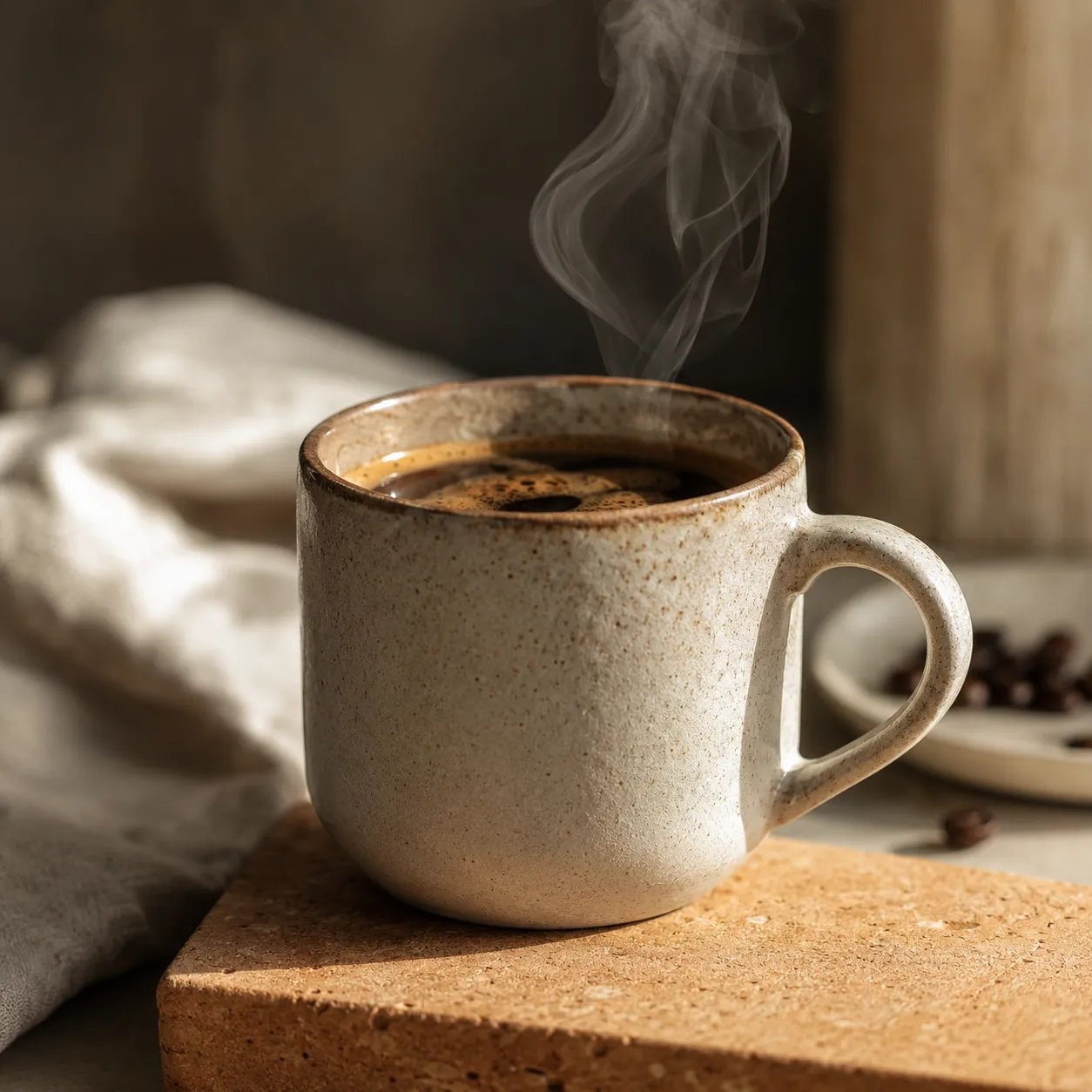 Vapor de espresso y detalle táctil de café servido.