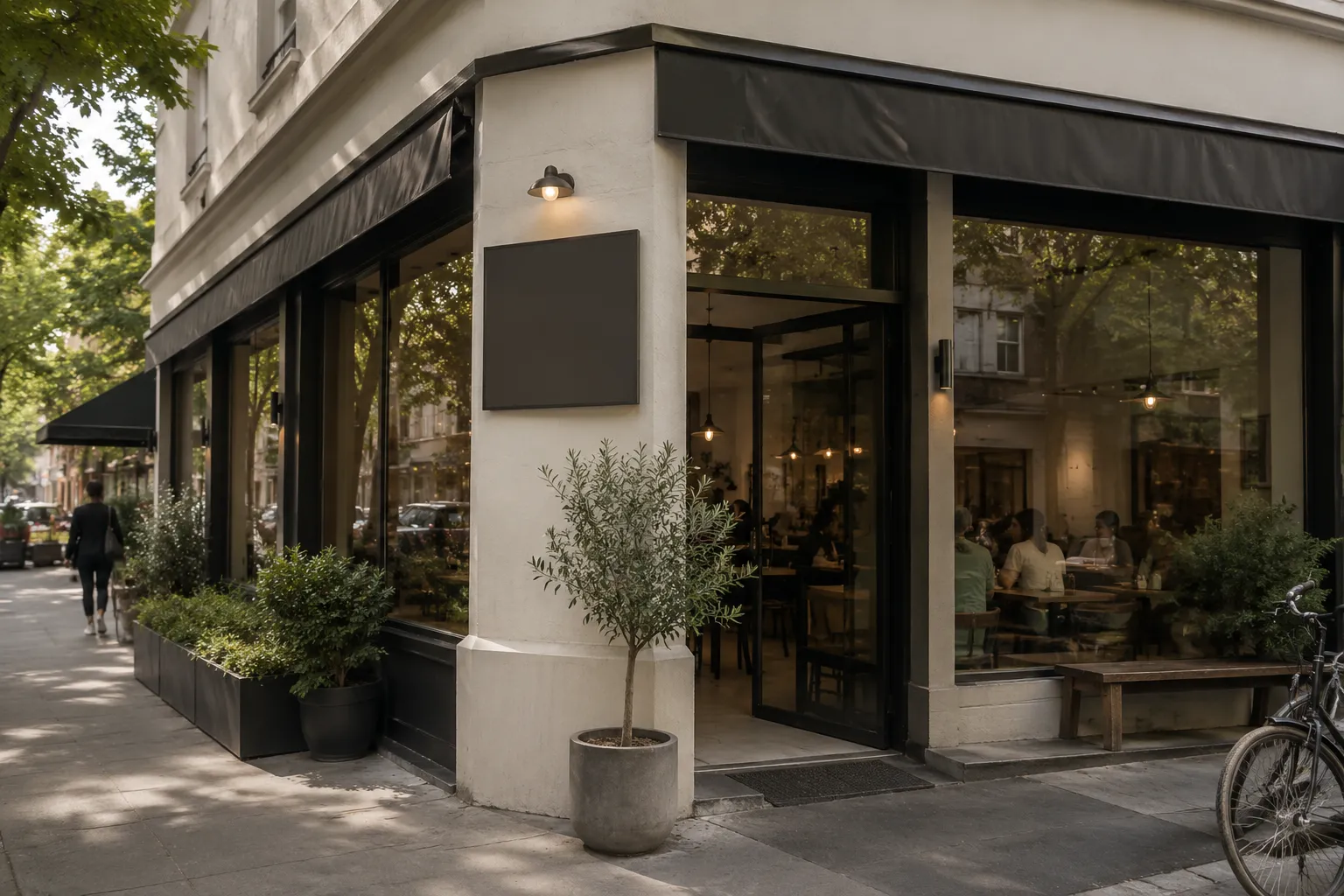 Fachada de café de barrio con llegada clara desde la calle.