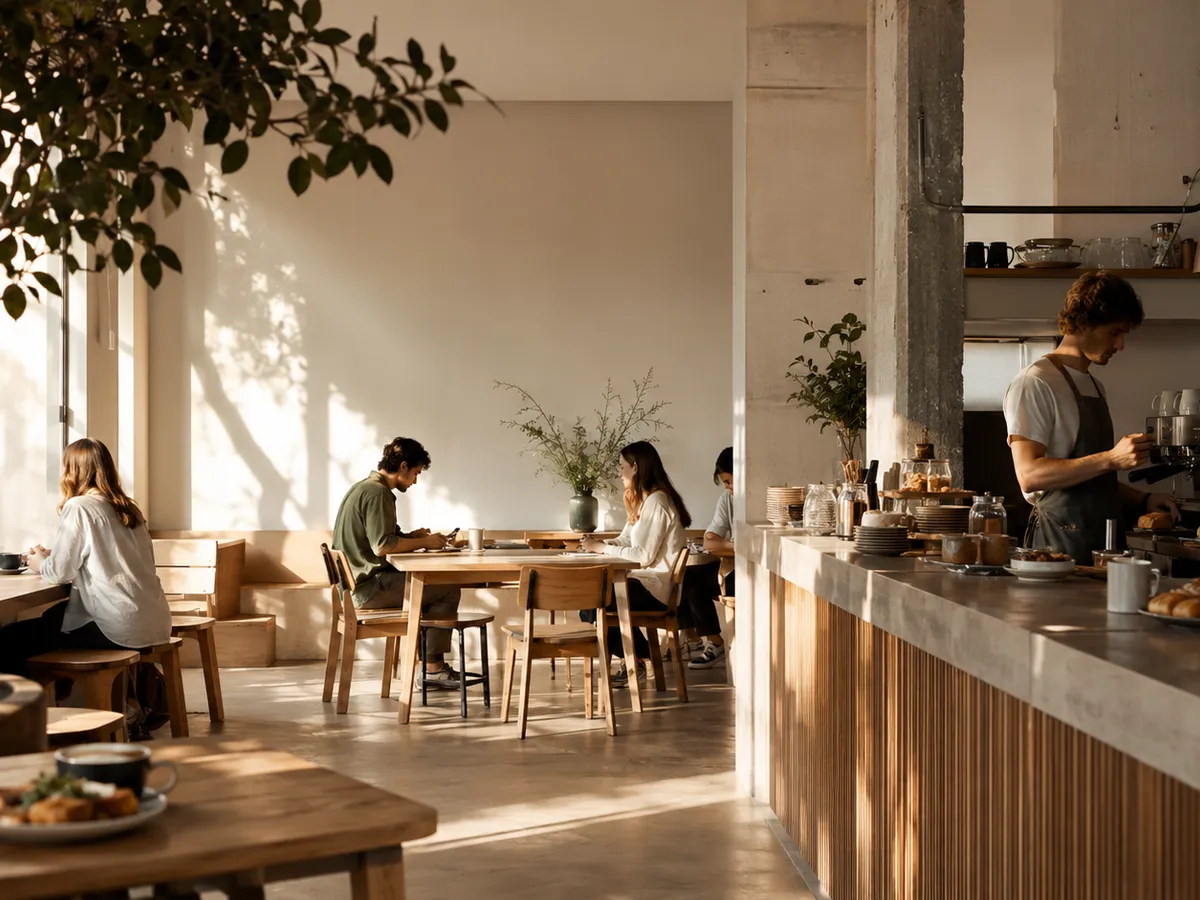Cafetería luminosa con barra de mañana para ejemplo de presencia editorial.