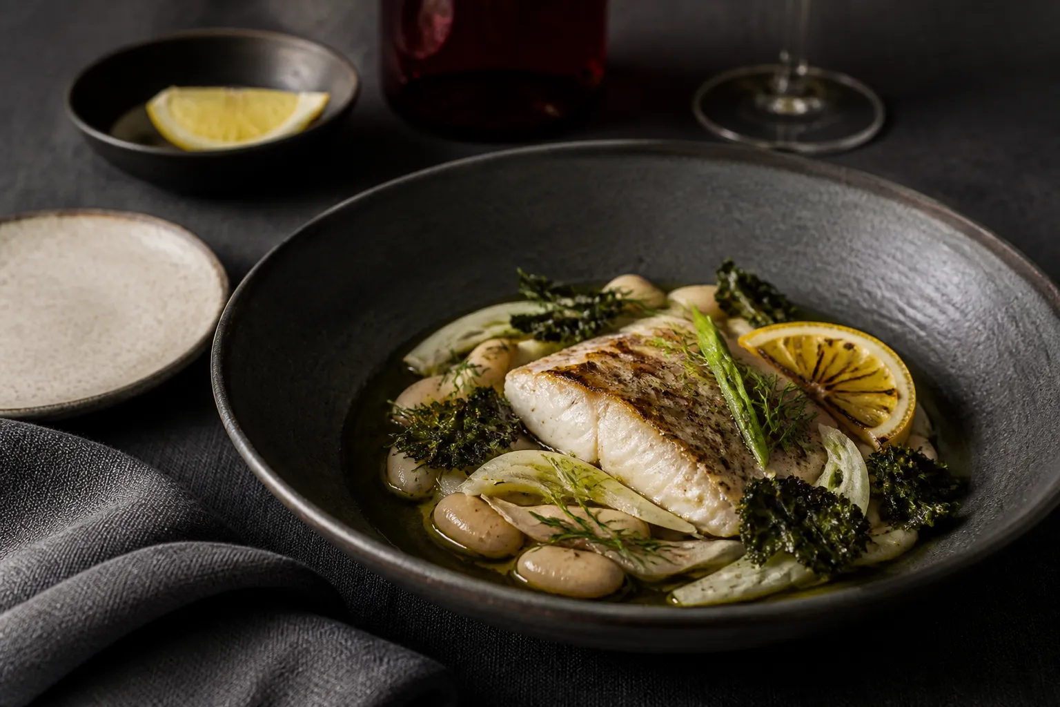 Plato de pescado de río con hierbas.