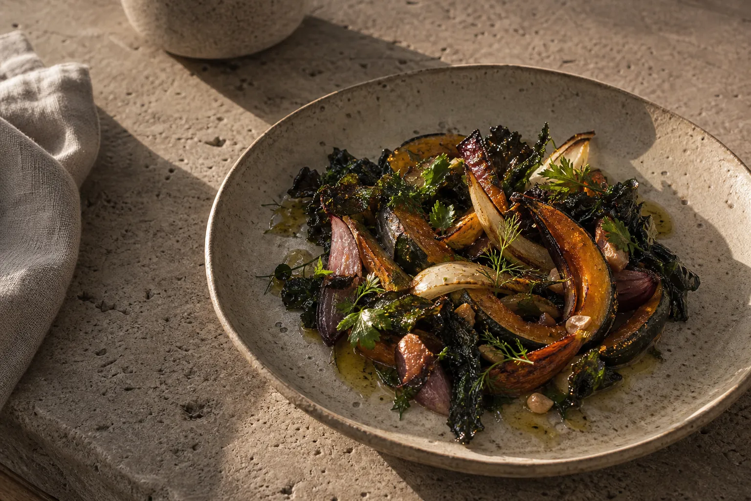 Vegetales de estación en plato de cerámica.