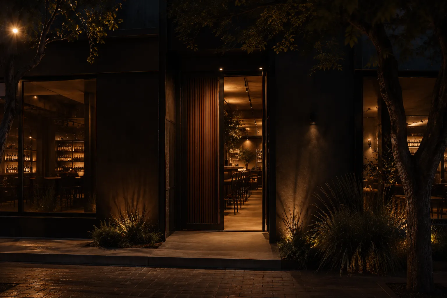 Llegada exterior nocturna a una esquina de wine bar en Mendoza.