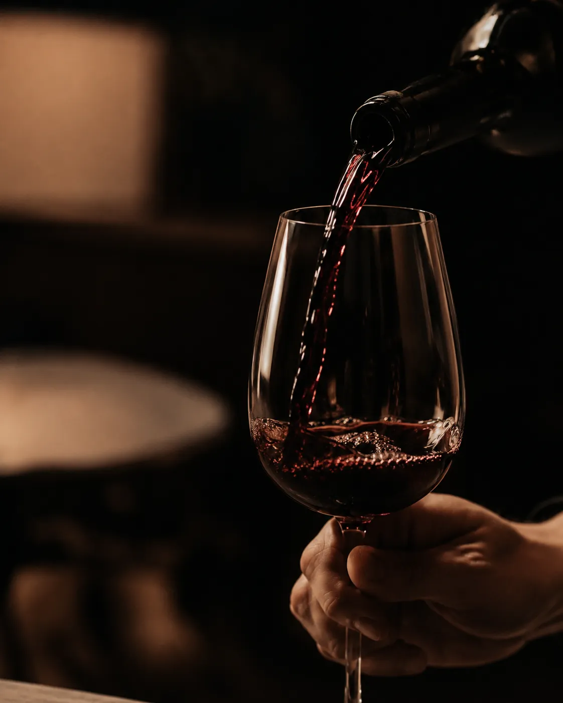 Vino servido en copa dentro de una escena nocturna.